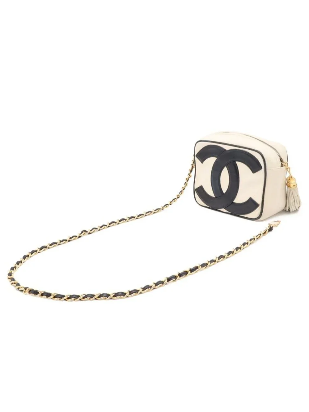 Chanel CC Logo Chain Shoulder Bag Pochette Tassel Fringe Leather Ivory White